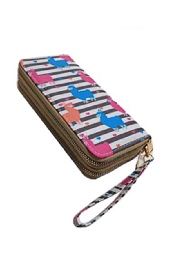 Colorful Stripe Llama Print Double Zipper Wristlet Wallet