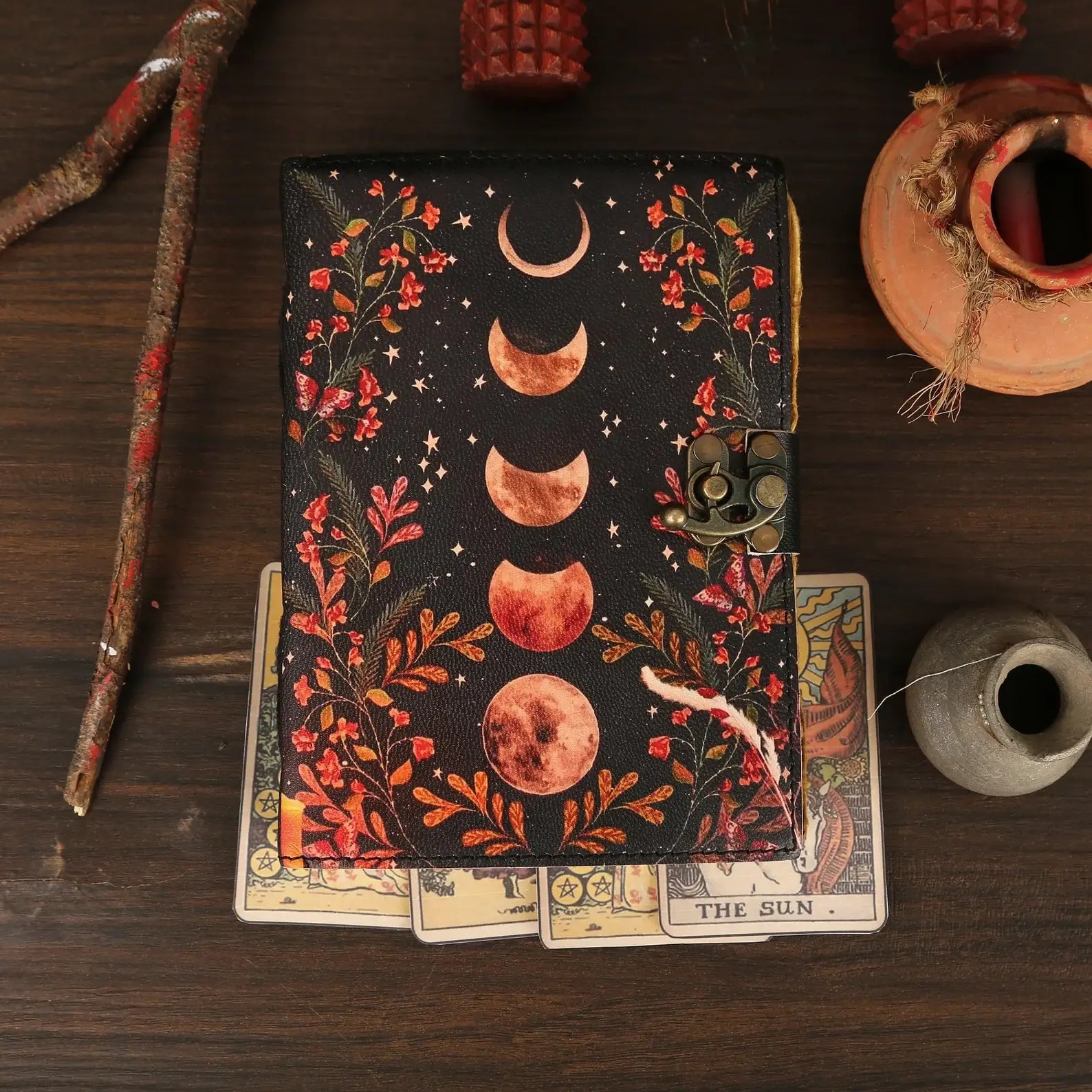 Leather Journal Blank Vintage Notebook with Moon Print  