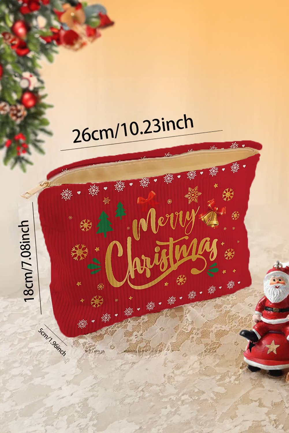 Christmas, Santa Corduroy Zip Up Cosmetic Bag