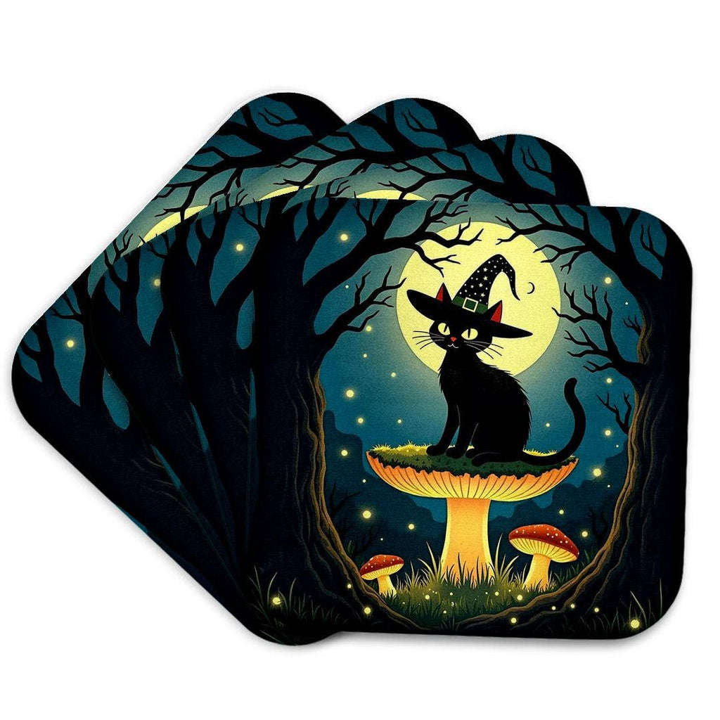 A Little Black Witchy Cat Sitting On A Toadstool With Moon and Forest, Soft Coaster