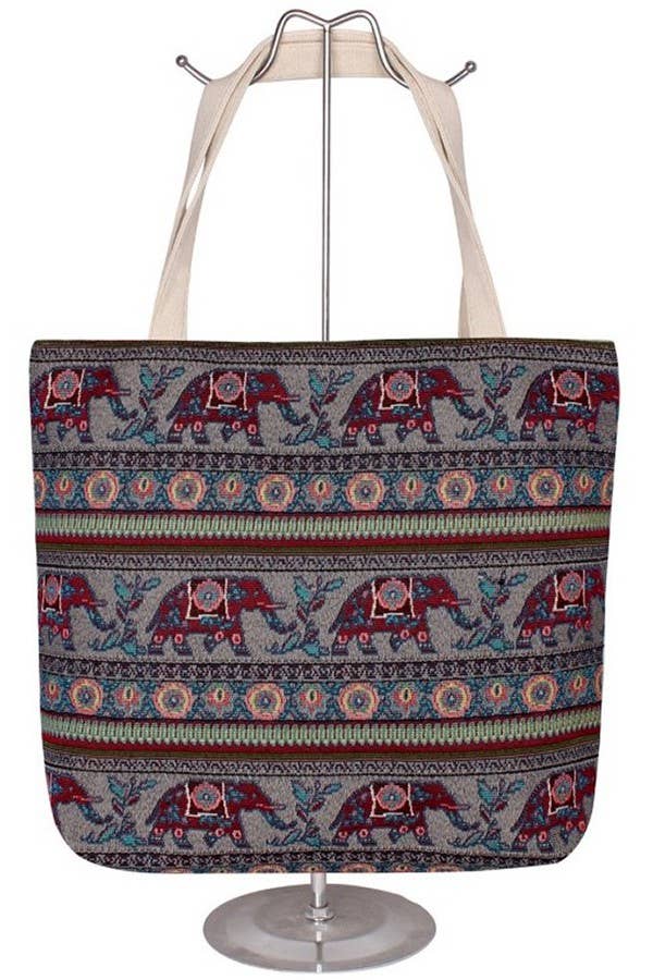 Boho Scenic Ethnic Lucky Elephant Woven Novelty Canvas Tote