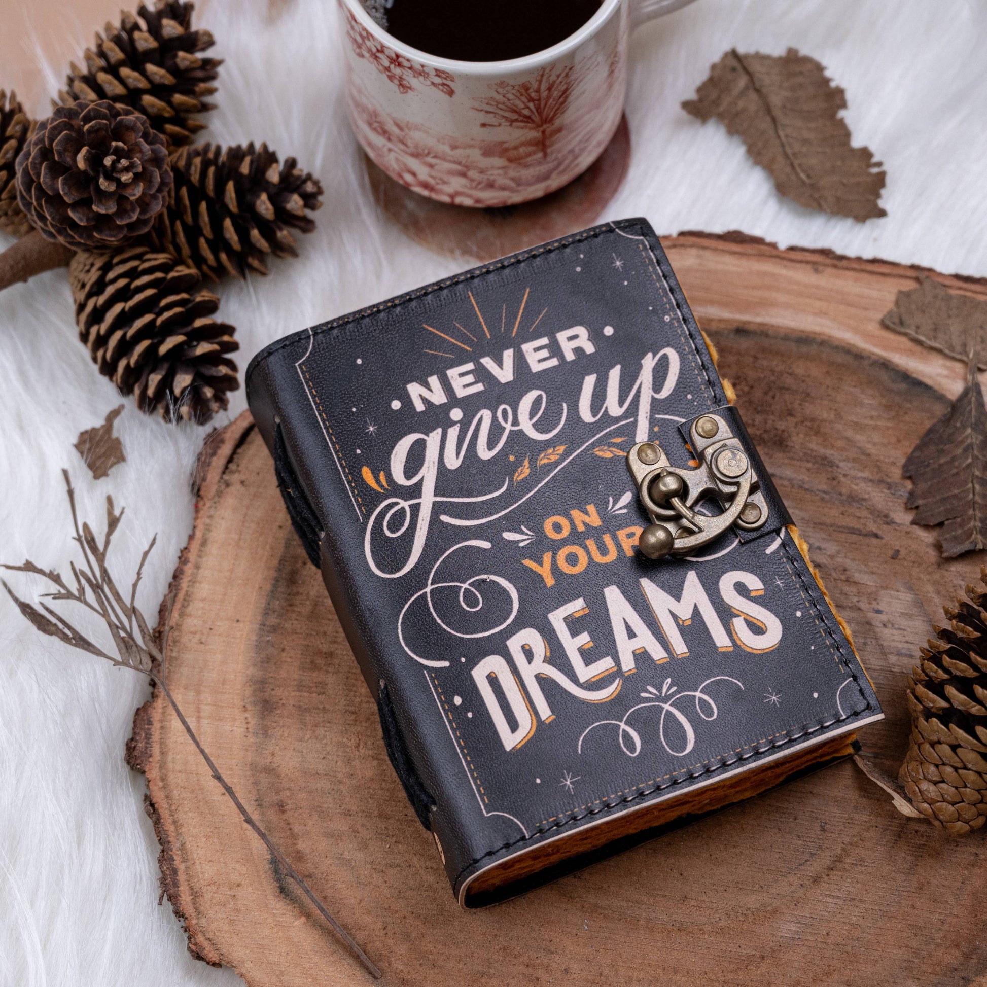 Leather Journal With Quotes Notebook Diary Never Give Up