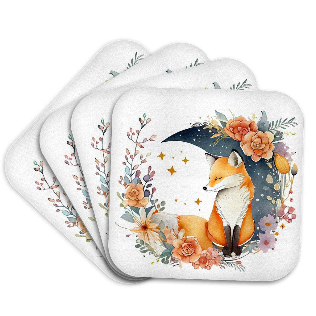 Watercolor Fox And Moon With Flowers, Coaster