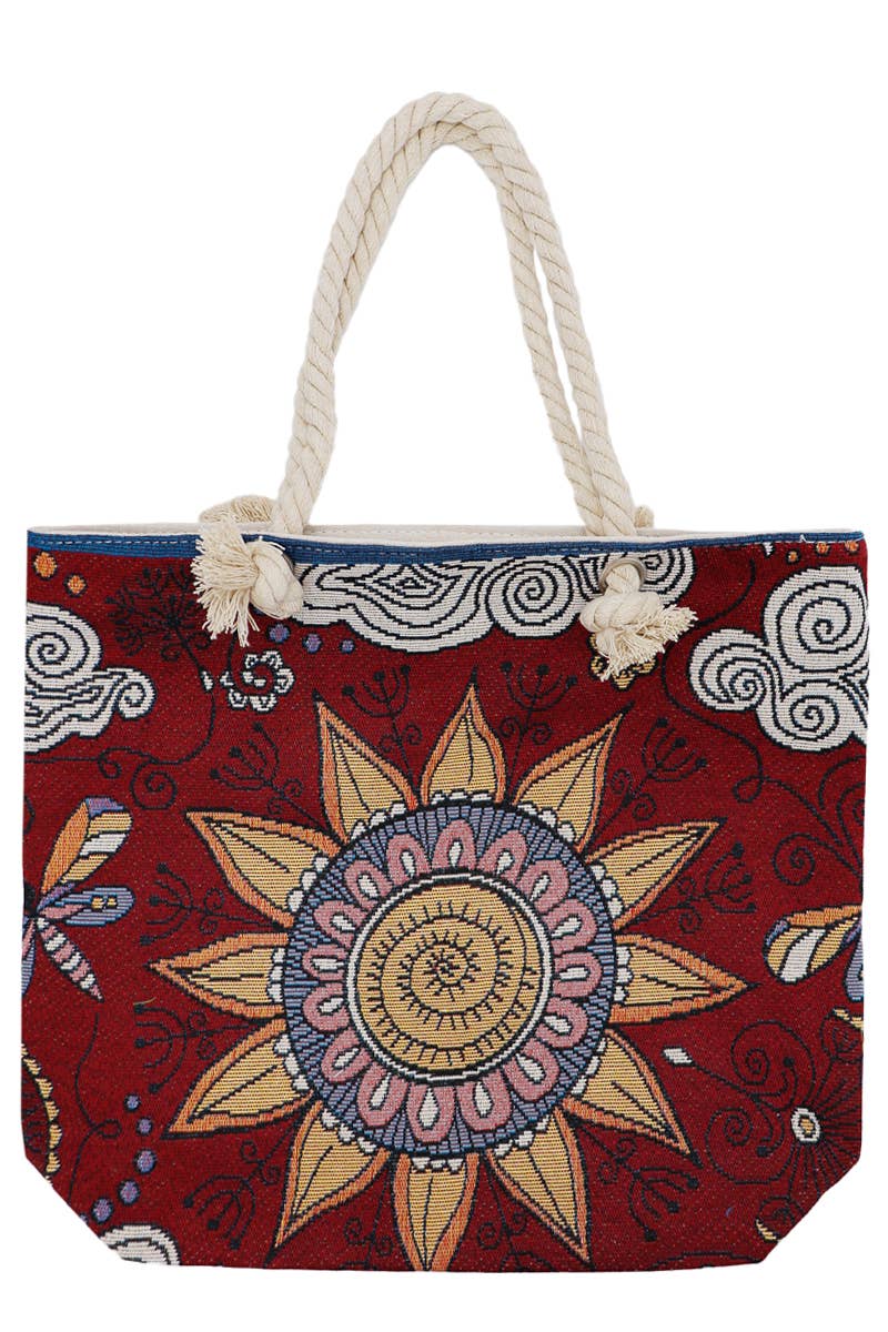 Butterfly Floral Mandala Tapestry Rope Handle Canvas Tote