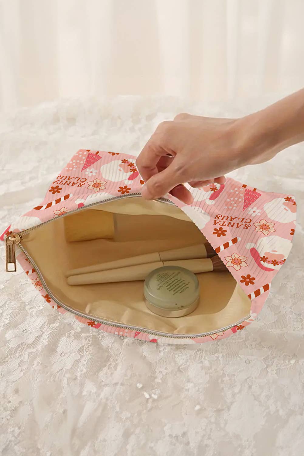 Christmas, Santa Corduroy Zip Up Cosmetic Bag