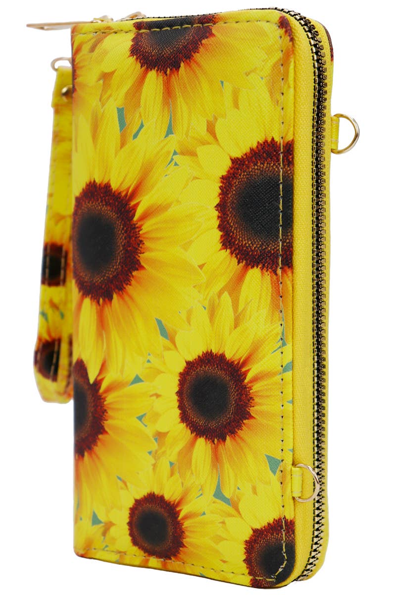 Sunflower Single Zipper Crossbody Strap Continental Wallet