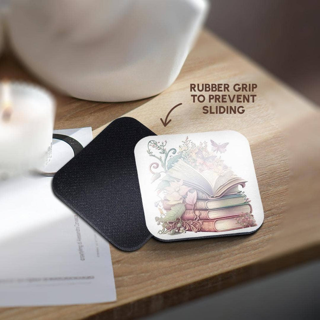 Pretty Floral Stack Of Books Illustration, Soft Coaster