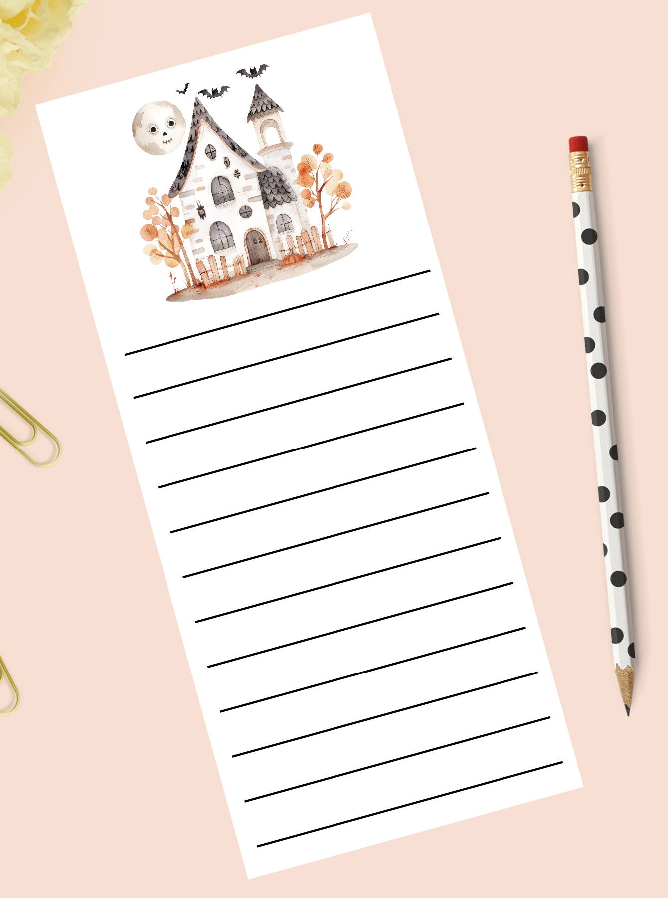 Fall Bat Halloween House Notepad. Halloween Notepad