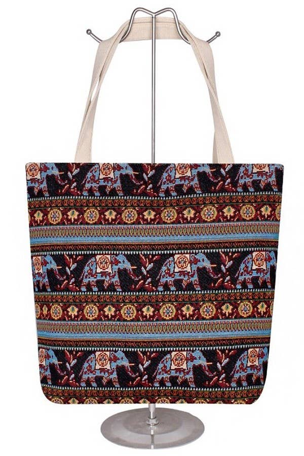 Boho Scenic Ethnic Lucky Elephant Woven Novelty Canvas Tote