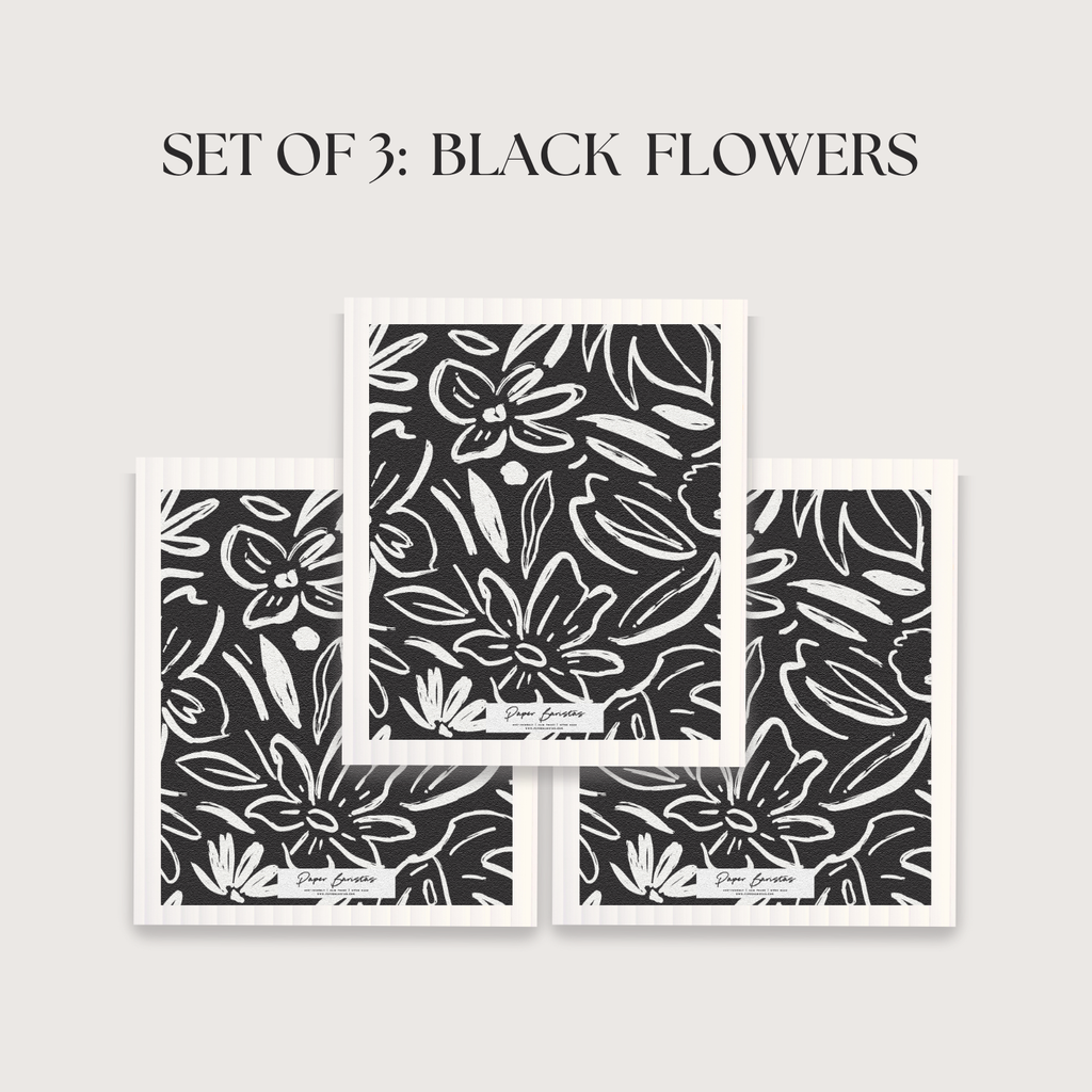 Set of 3 Swedish Dishcloth: Earthy Florals Black