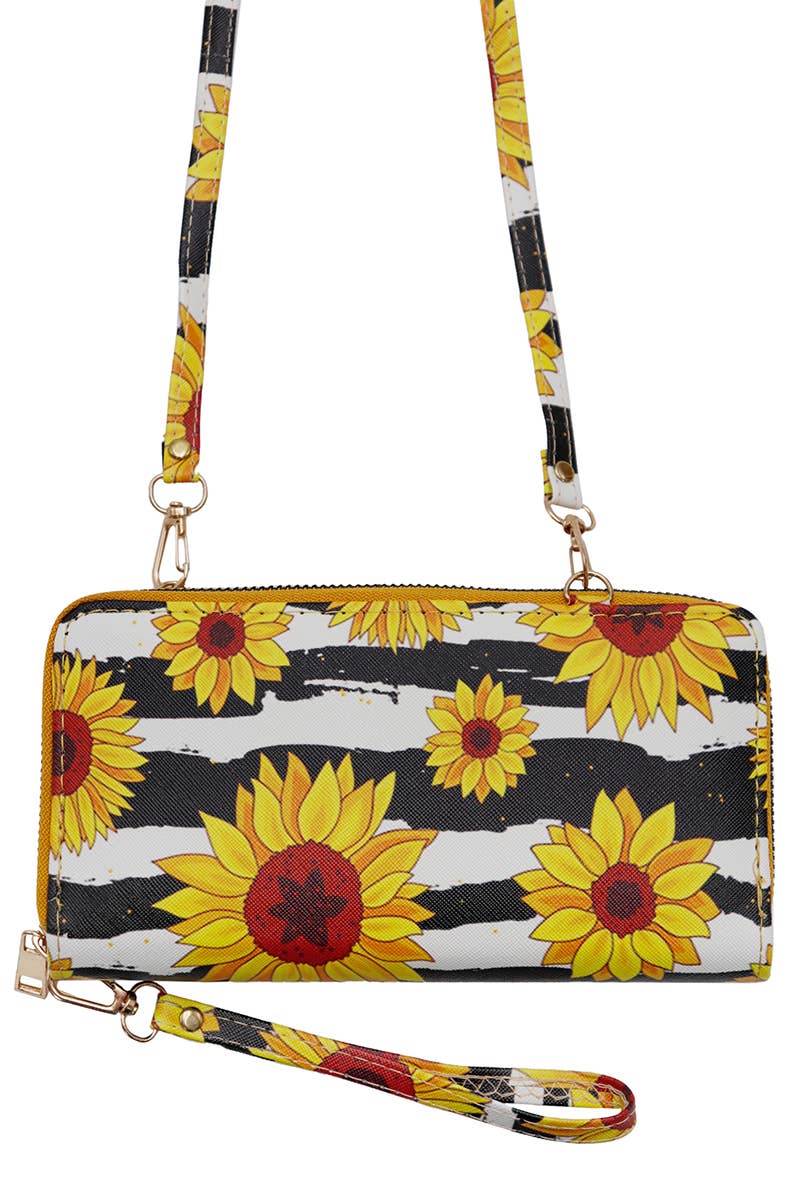 Sunflower Single Zipper Crossbody Strap Continental Wallet
