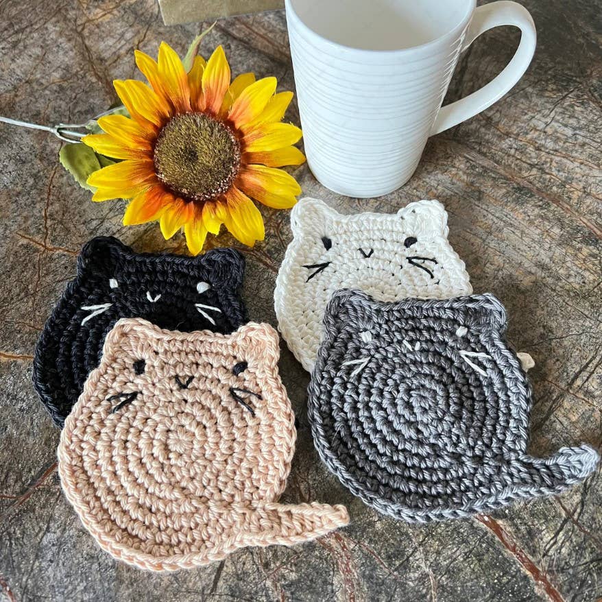 Crochet Fat Cat Coaster Set of 4, Cat Lover Gift, Home Decor
