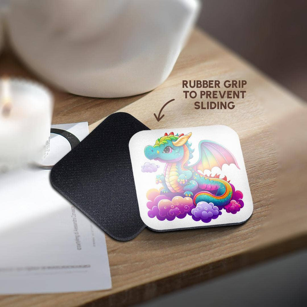Cute Rainbow Colored Dragon On A Cloud Illustration, Soft Coaster