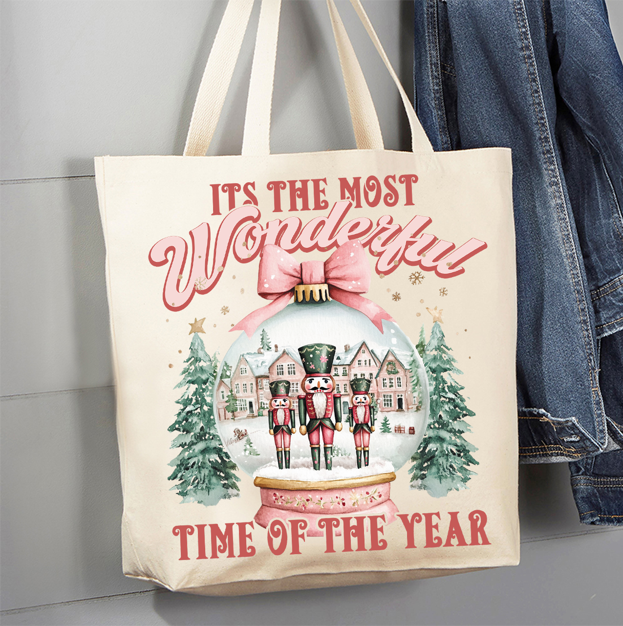 Pink Christmas Nutcracker Snow Globe Canvas Tote Bag