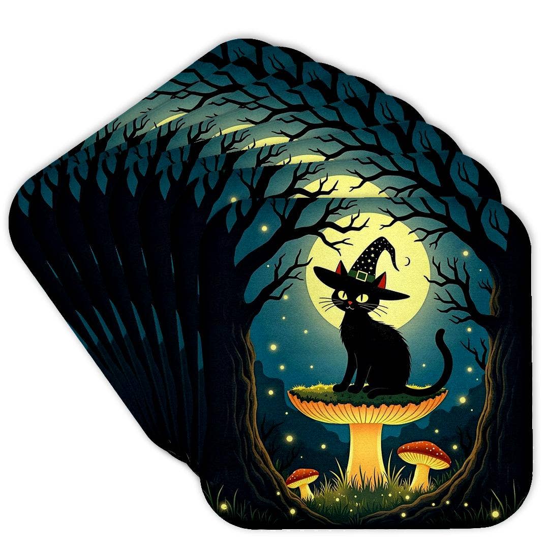 A Little Black Witchy Cat Sitting On A Toadstool With Moon and Forest, Soft Coaster