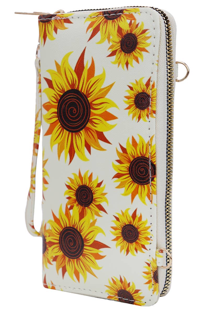 Sunflower Single Zipper Crossbody Strap Continental Wallet