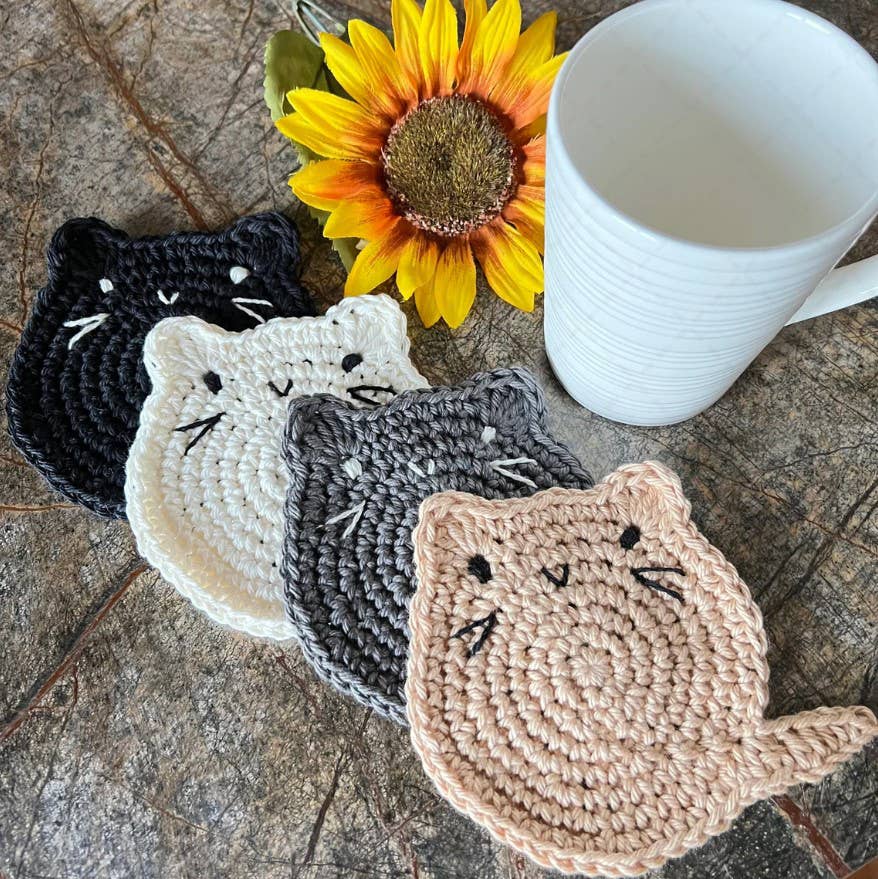 Crochet Fat Cat Coaster Set of 4, Cat Lover Gift, Home Decor
