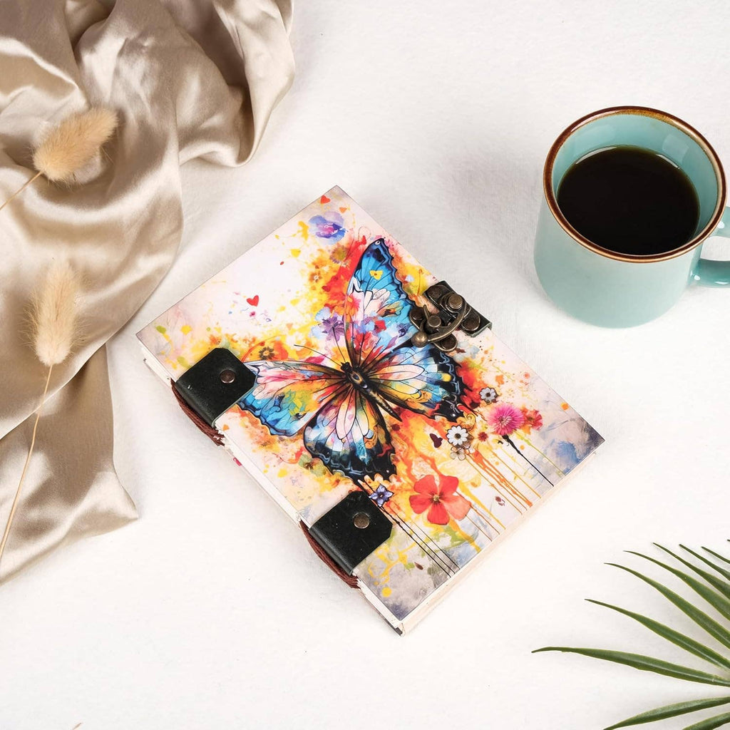 Butterfly - Journal Diary Notebook with Leather Strap Lock - Unruled