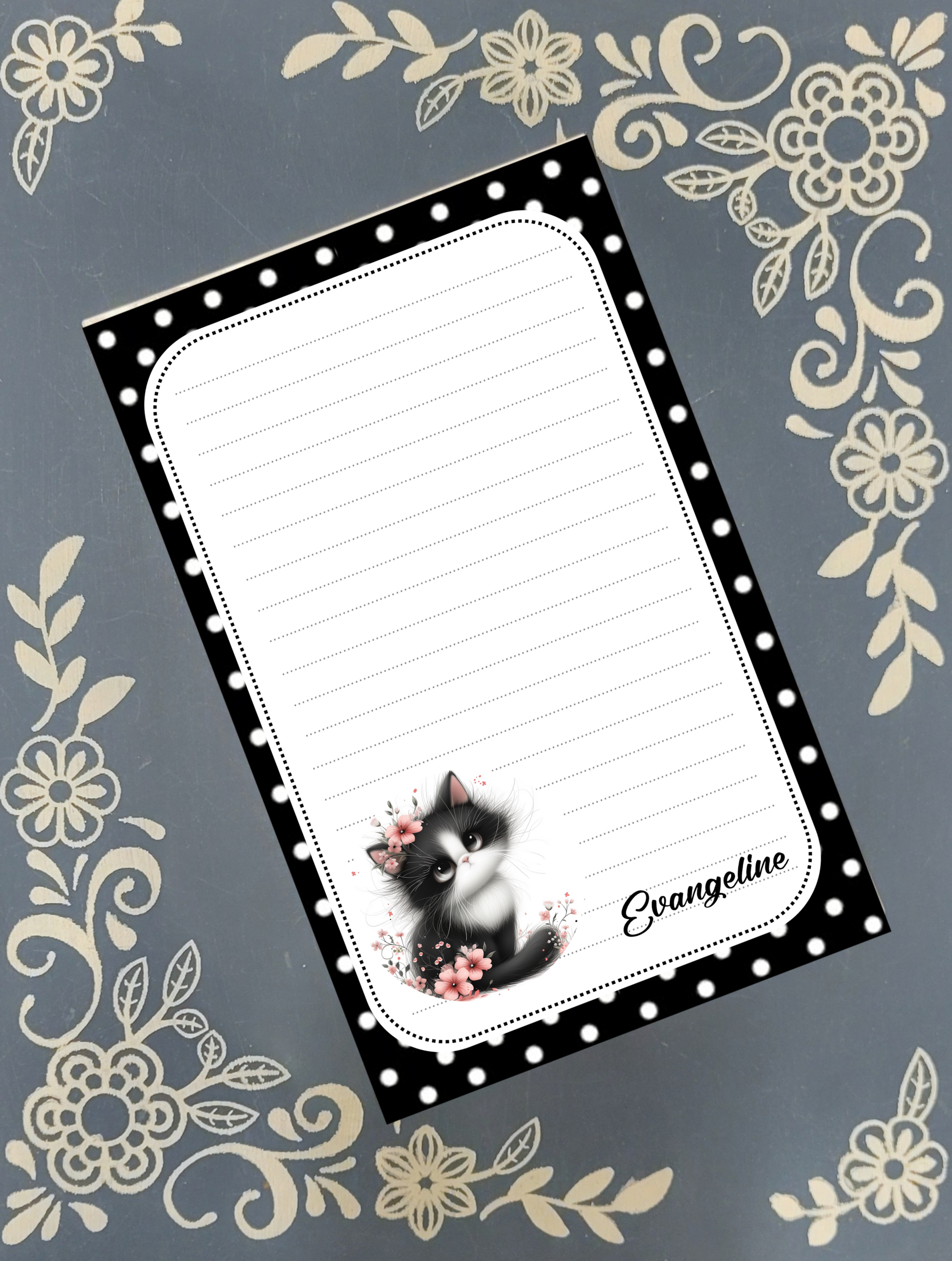 Notepad Cat, black and white kitten, Polka Dot Stationery