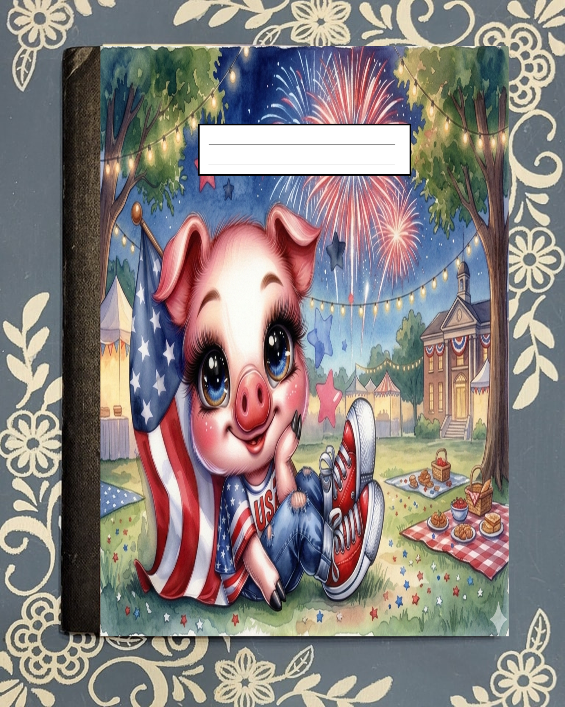 Patriotic, USA, 4th of July Pig, Covered Notebook