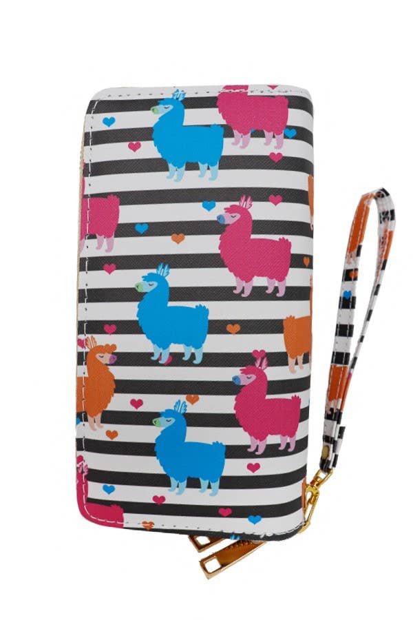 Colorful Stripe Llama Print Double Zipper Wristlet Wallet