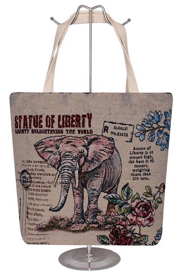 Boho Scenic Ethnic Lucky Elephant Woven Novelty Canvas Tote