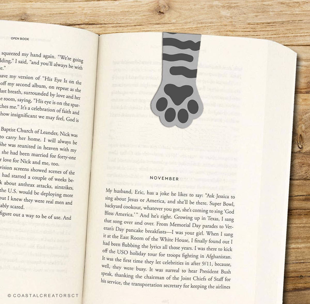 2-Pack Cat Paws Grey Striped Magnetic Bookmarks (Packaged)