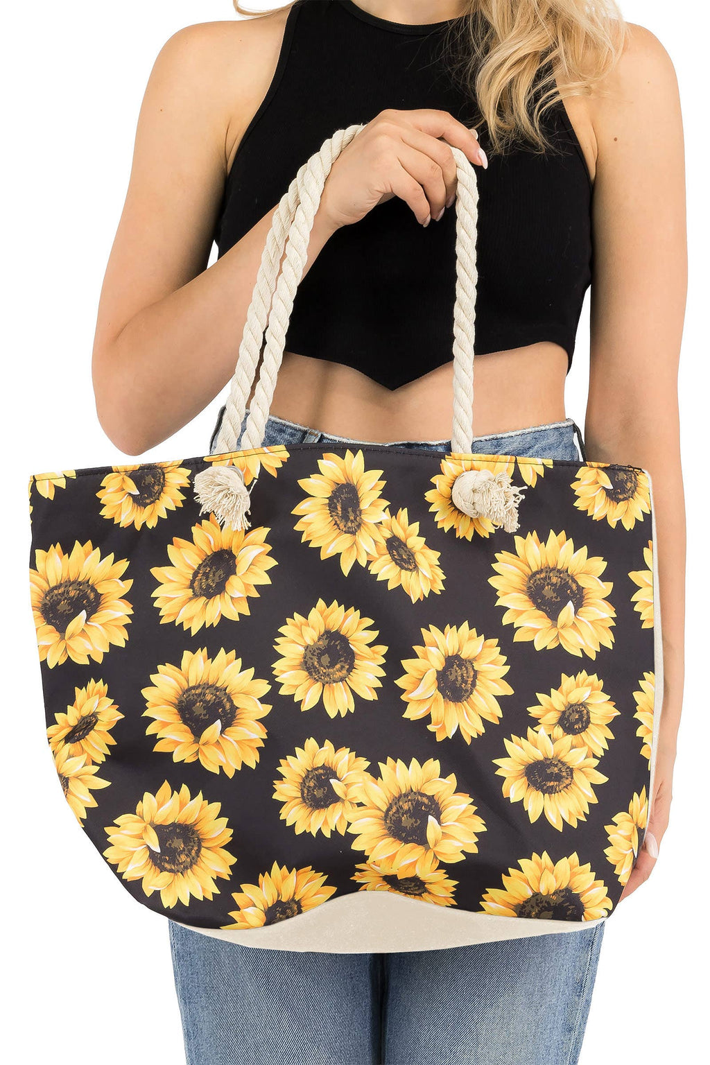 Sunflower Zippered Rope Handle Canvas Tote Bag
