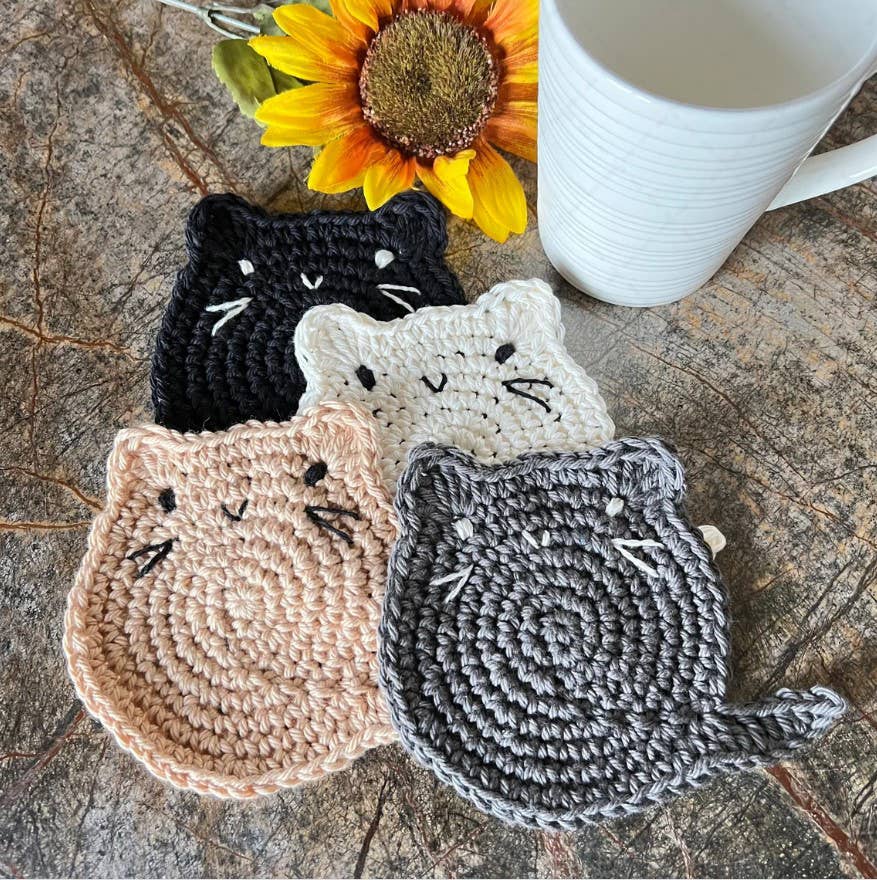 Crochet Fat Cat Coaster Set of 4, Cat Lover Gift, Home Decor