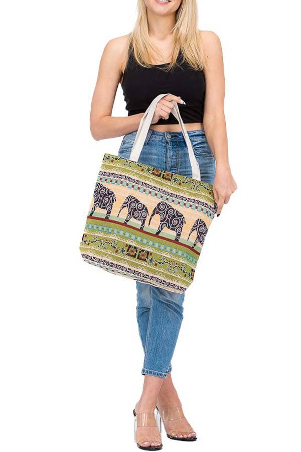 Boho Scenic Ethnic Lucky Elephant Woven Novelty Canvas Tote