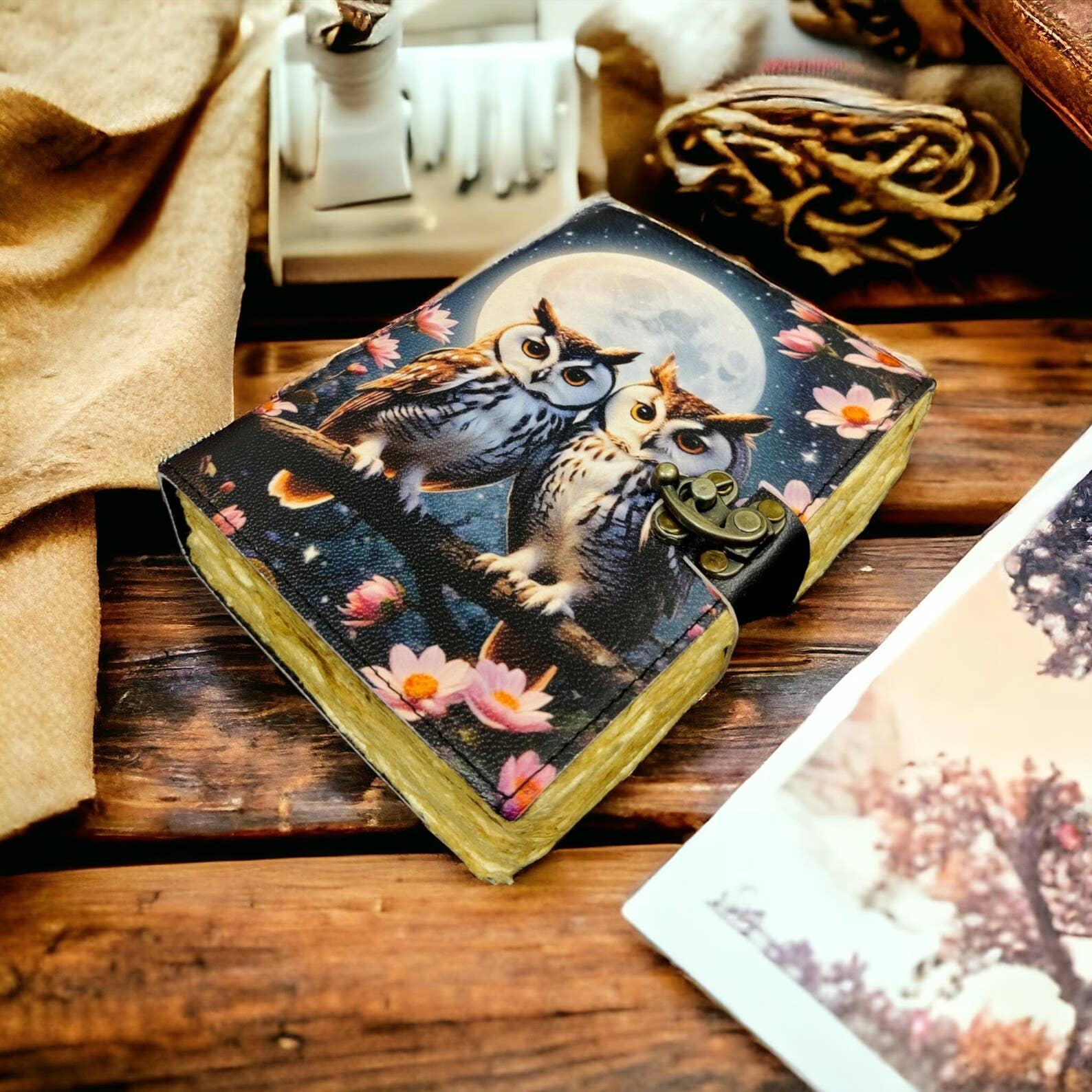 Two Owl Print - Leather Journal Blank Vintage Notebook