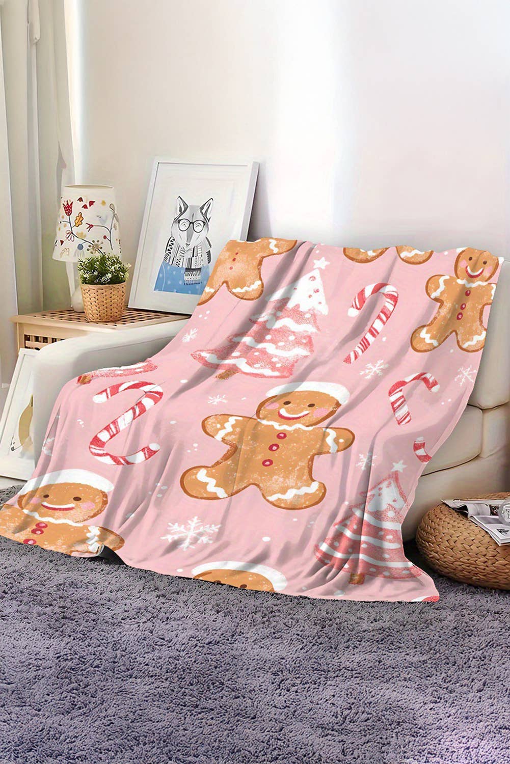 Gingerbread Man, Candy Cane, Christmas Tree Print Plush Blanket