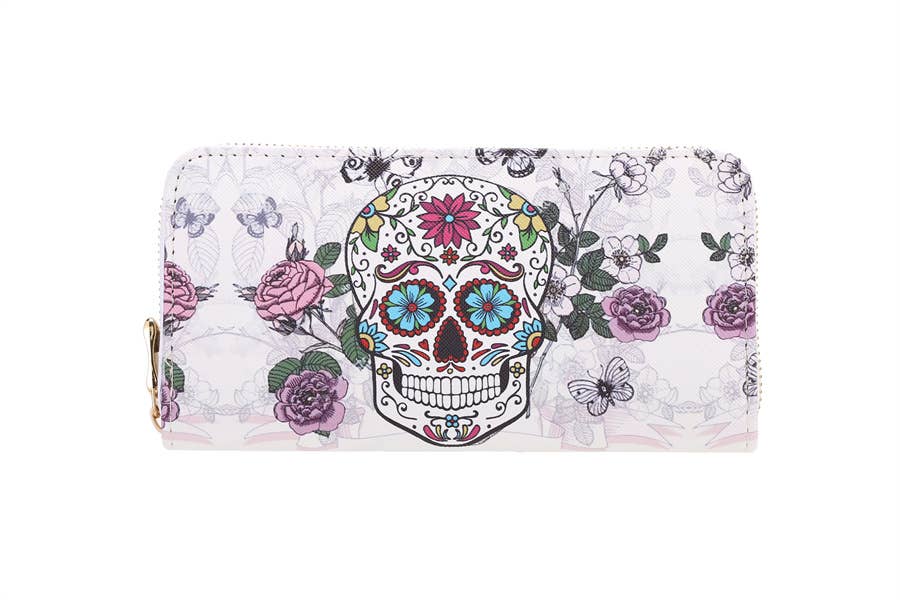 Ladies MARDI GRAS SKULL Printed Zip Around Wallet