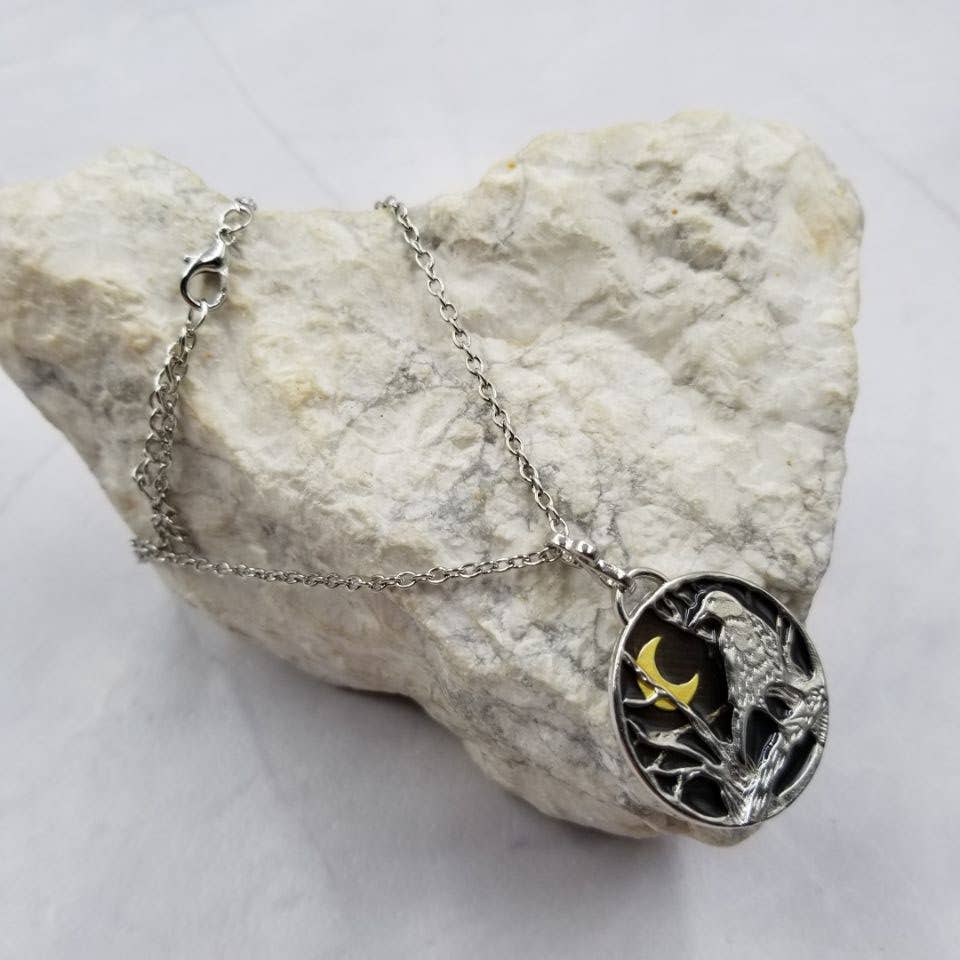 Goth Raven and Crescent Moon Pendant Necklace