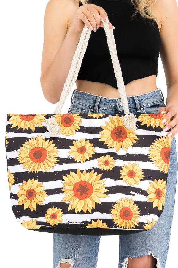 Sunflower Floral Print Striped Rope Handled Cotton Tote Bag