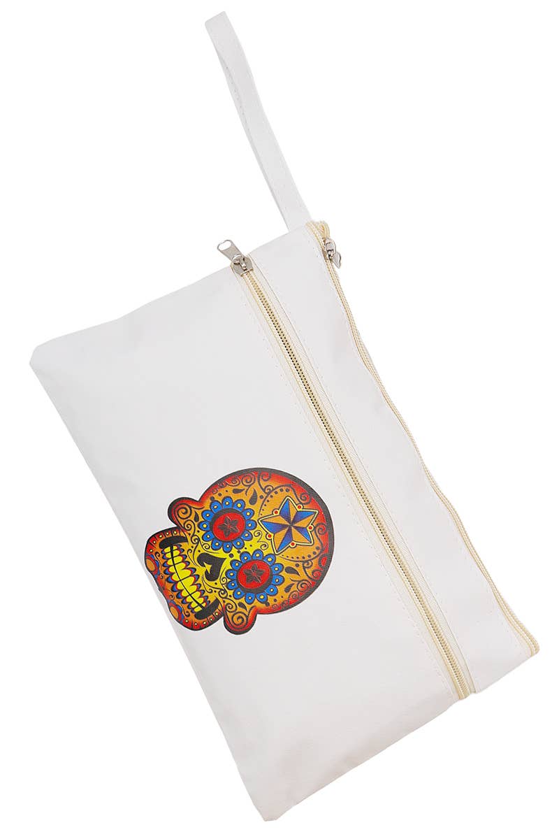 Sugar Skull Double Zip PU Clutch Bag Wristlet