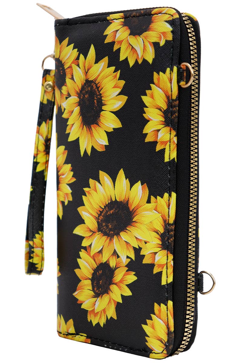 Sunflower Single Zipper Crossbody Strap Continental Wallet