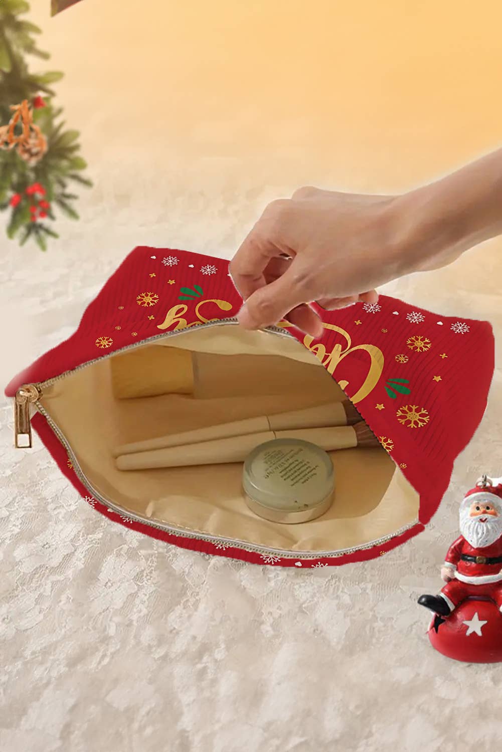 Christmas, Santa Corduroy Zip Up Cosmetic Bag