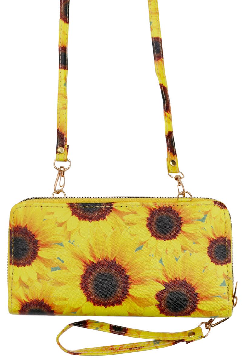 Sunflower Single Zipper Crossbody Strap Continental Wallet