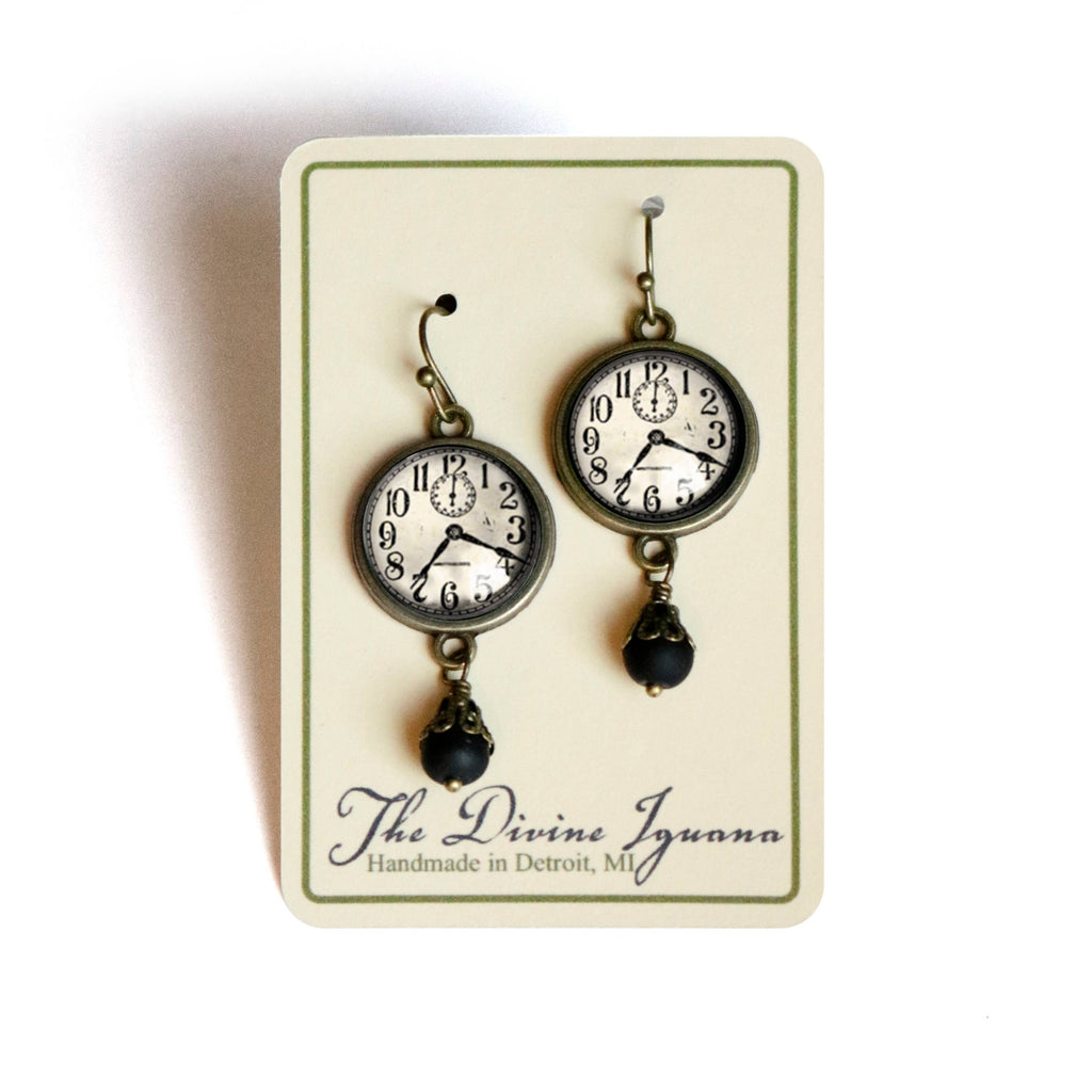 Edwardian Clock Steampunk Glass Cabochon and Bronze Earrings