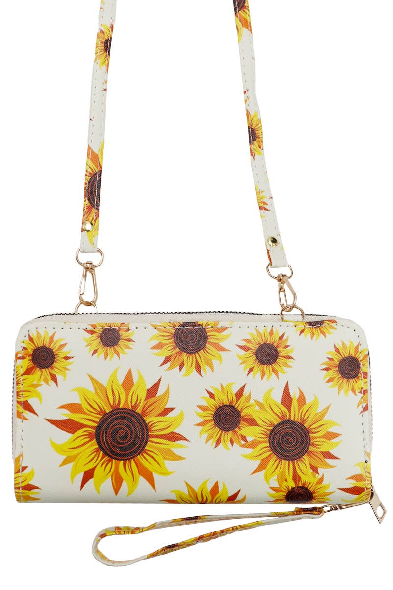 Sunflower Single Zipper Crossbody Strap Continental Wallet