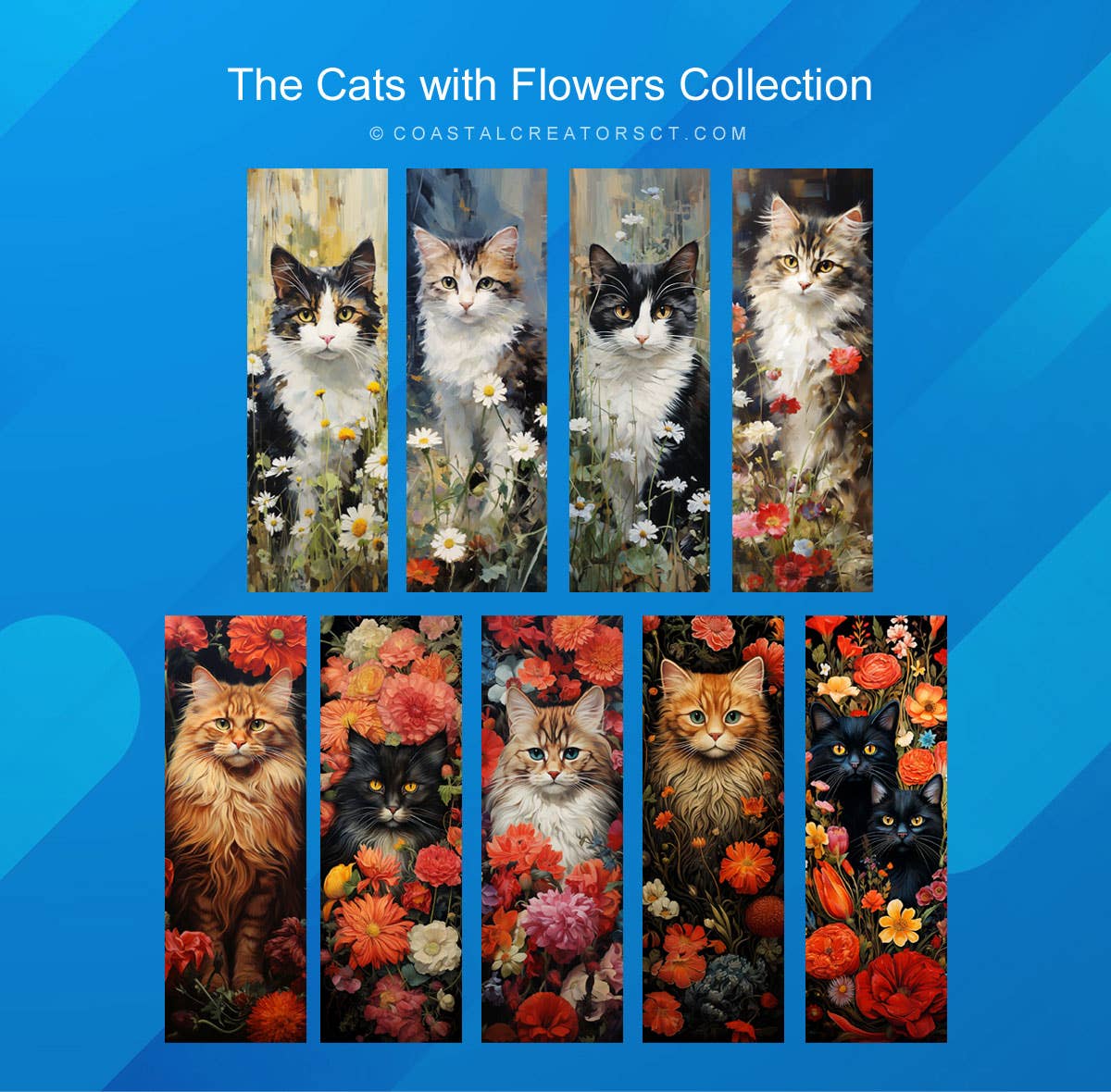 Black Cats with Flowers 2"x6" Glossy Laminated Bookmark