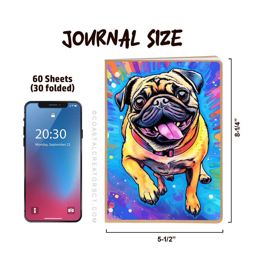 Pug Dog Journal w/ Pawsed Magnetic Bookmark Set (Packaged)