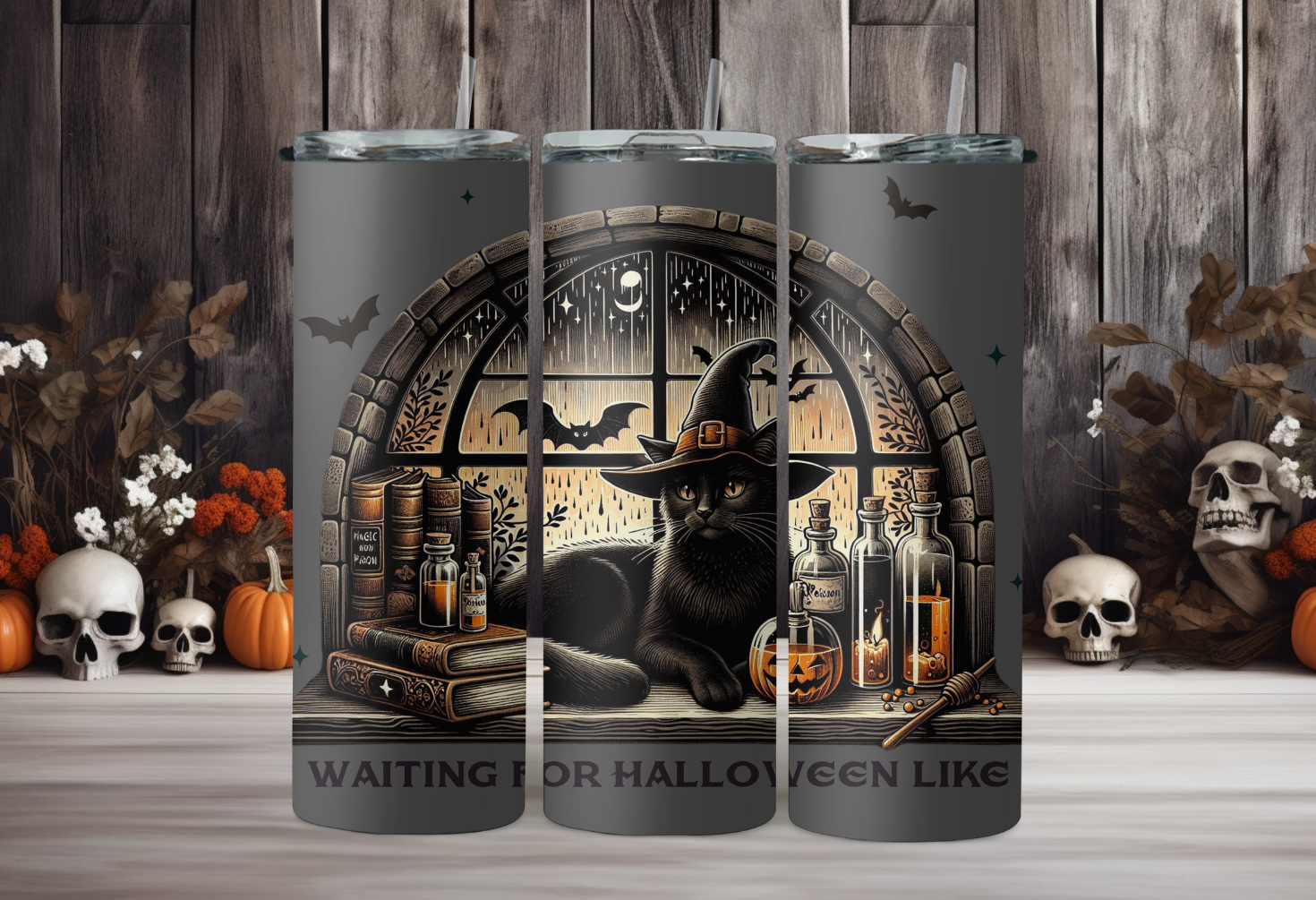 Black Cat Waiting on Halloween Tumbler