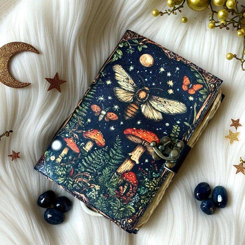 Leather Journal Blank Vintage Notebook with Mushroom Print