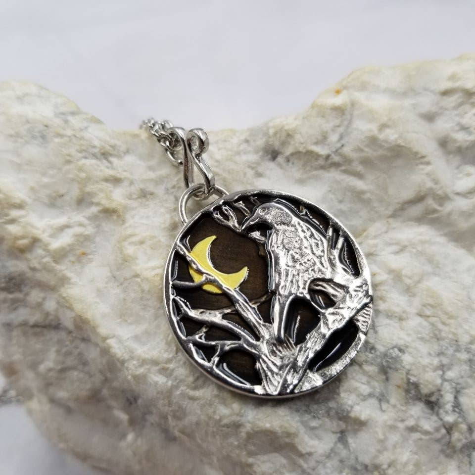 Goth Raven and Crescent Moon Pendant Necklace