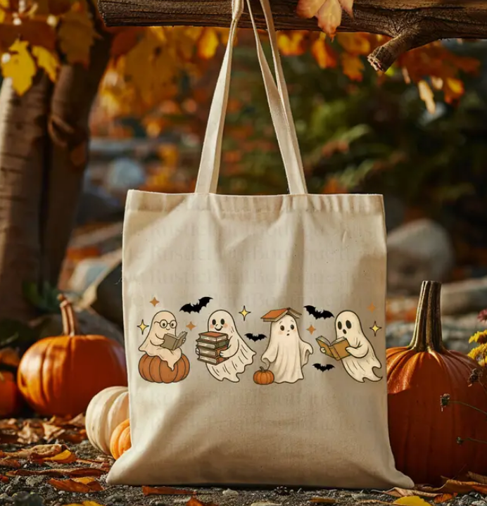 Halloween Tote Bag Vintage Ghost & Books Tote Bag Trick or Treat Bag