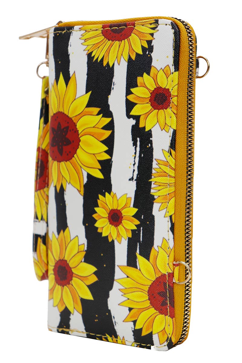 Sunflower Single Zipper Crossbody Strap Continental Wallet