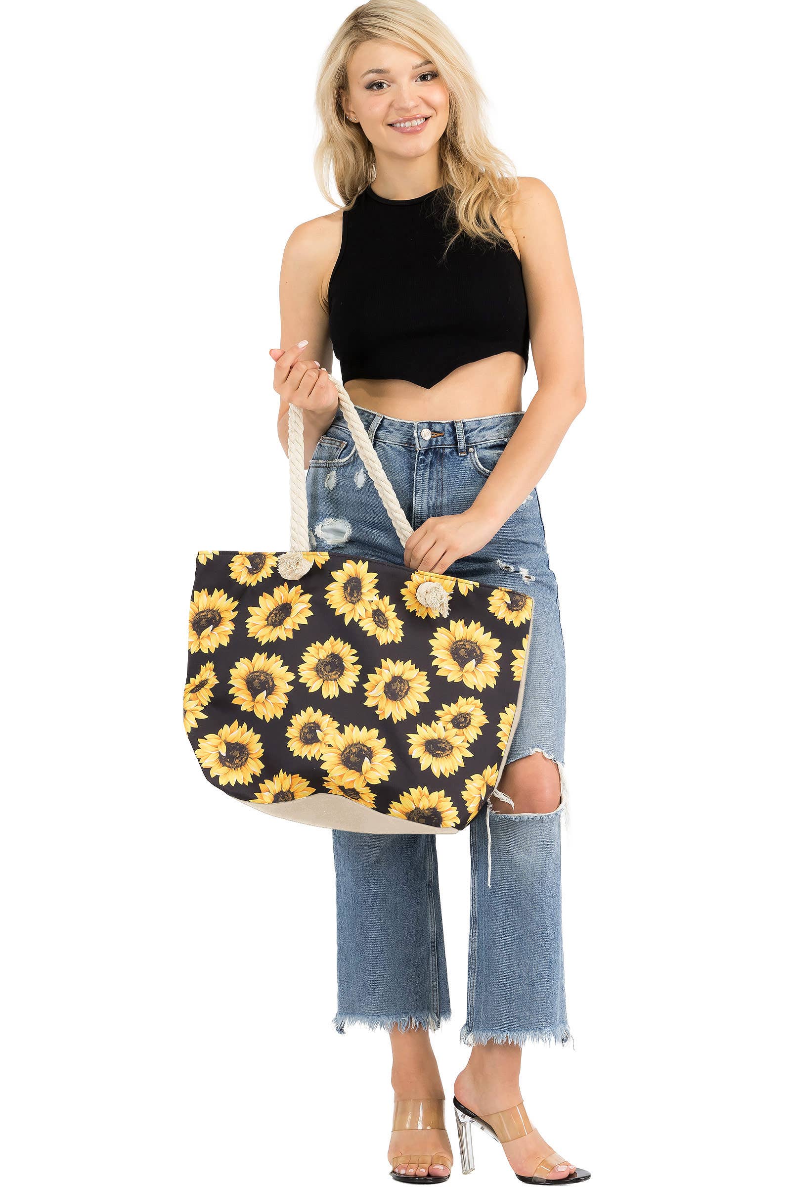 Sunflower Zippered Rope Handle Canvas Tote Bag