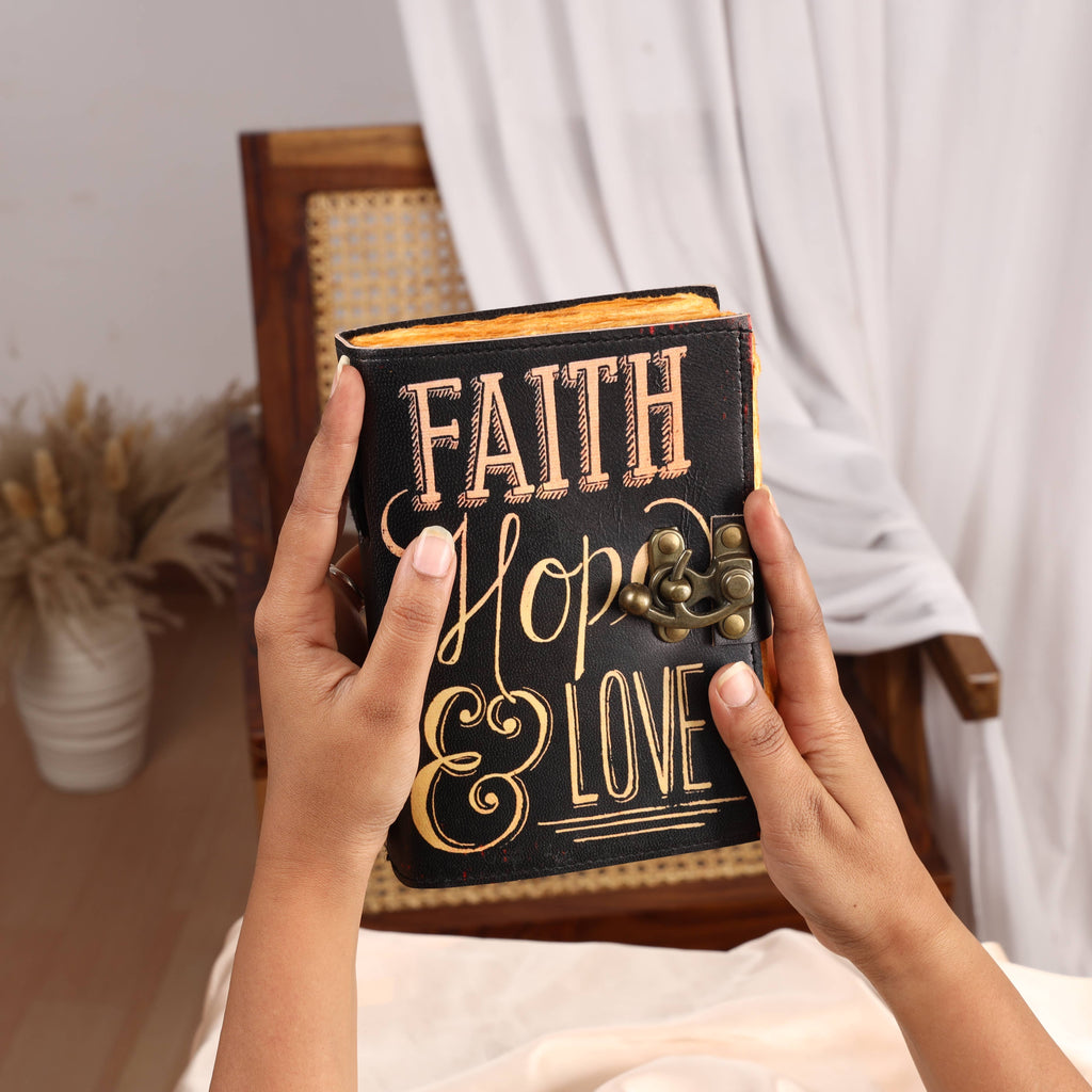 Leather Journal Blank Vintage Grimoire Faith Hope Love